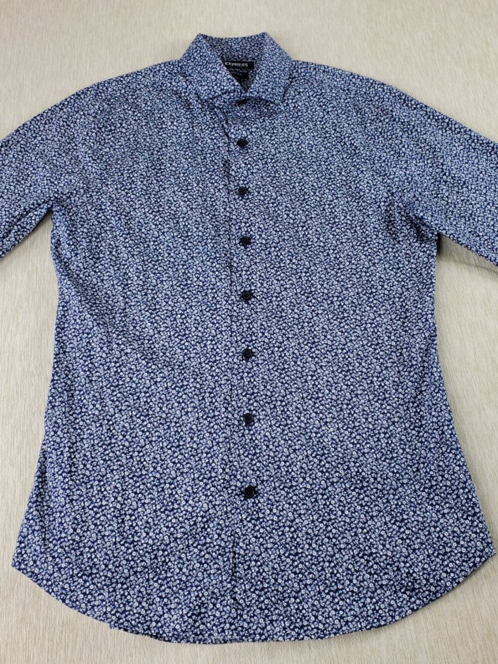 Express Blue White Floral Shirt Men's S/P Extra Slim Fit Button Up Long Sleeve